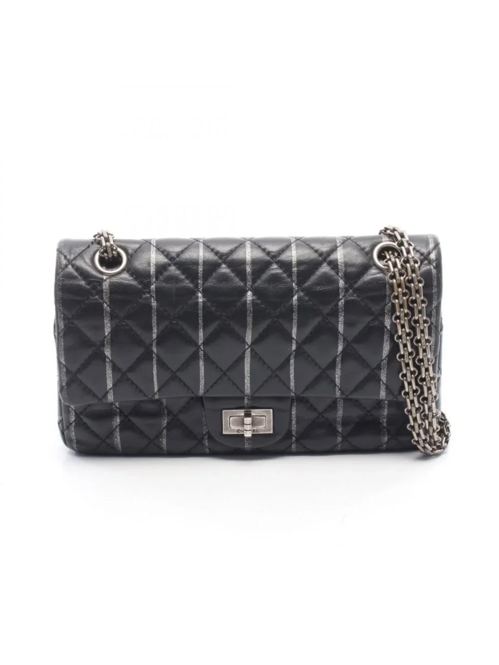 Chanel Shoulder Bag 2.55 Quilted Mademoiselle Chain Black Silver Leather Double